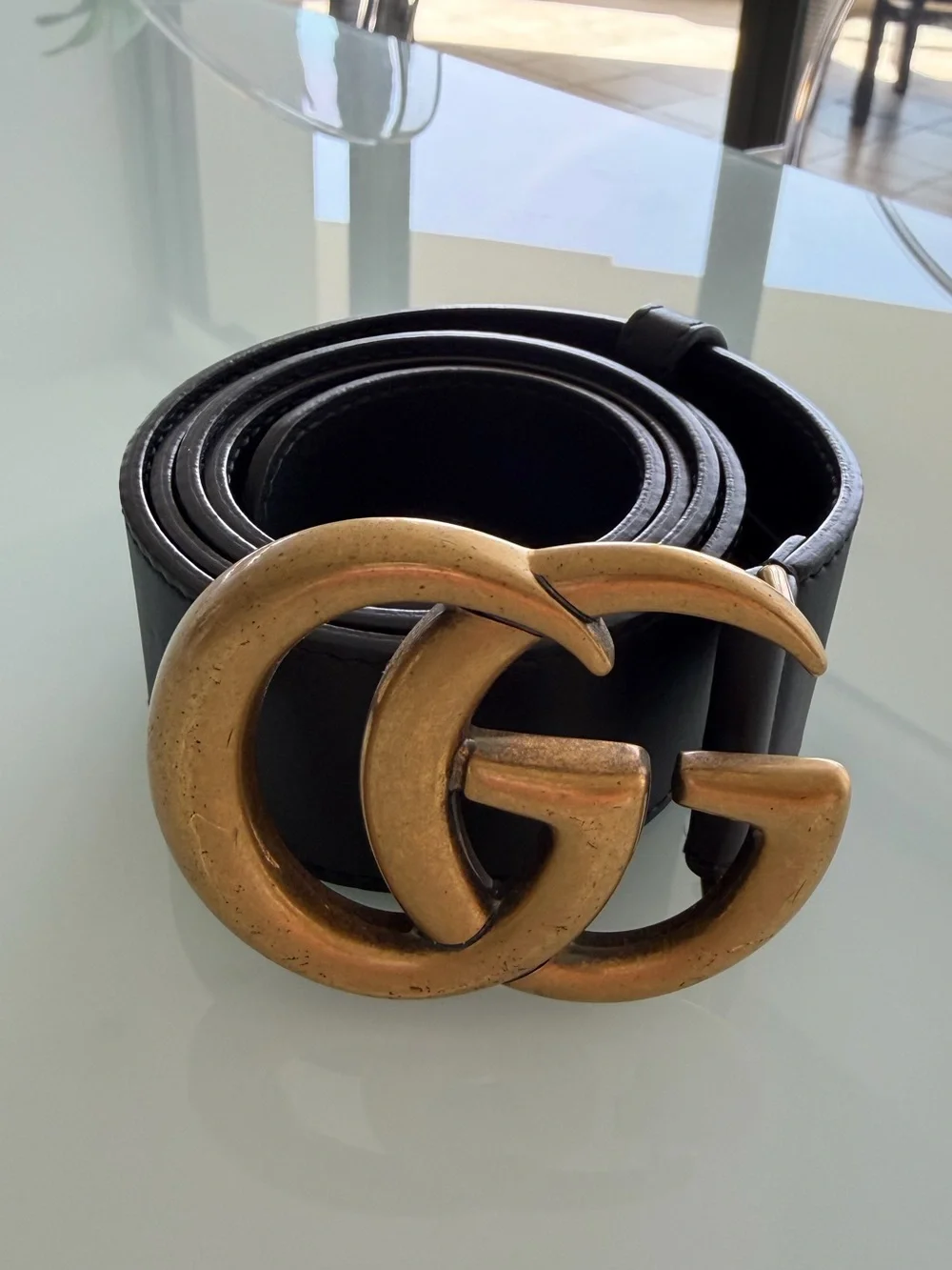 Gucci Black Leather Belt with Aged Gold Double G Buckle